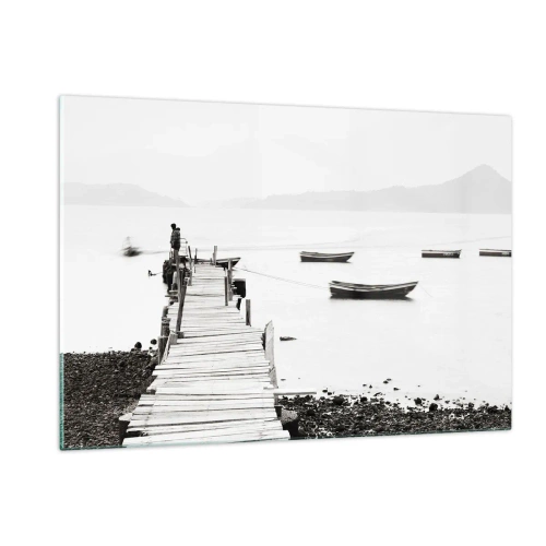 Cuadro sobre vidrio - Impresiones sobre Vidrio - Vista en blanco y negro de un muelle de madera sobre un lago. - 120x80cm - Junto al agua tranquila y clara - Decoración de pared moderna para salón y dormitorio ARTTOR