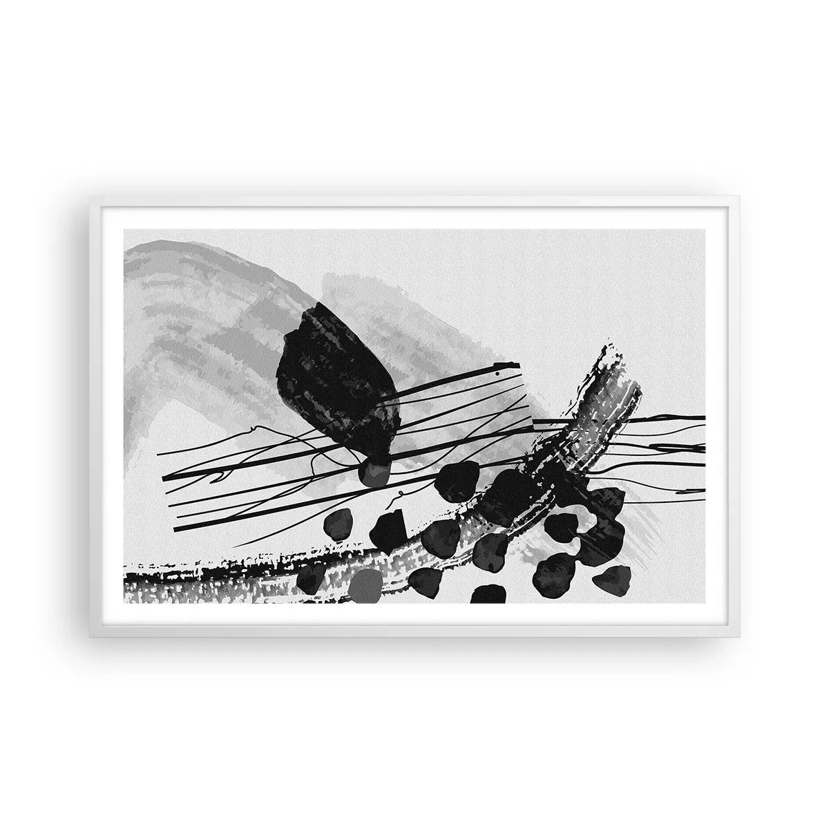 Póster en marco blanco - Abstracción orgánica en blanco y negro - 91x61 cm