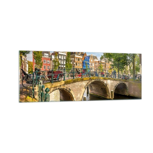 Cuadro sobre vidrio - Impresiones sobre Vidrio - Un pintoresco canal con un puente en Ámsterdam. - 140x50cm - Primavera en el canal - Decoración de pared moderna para salón y dormitorio ARTTOR
