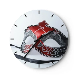 Reloj de pared - Reloj de vidrio - Máscara de carnaval en tonos rojos y negros. - 30x30cm - Invitación al baile - Decoración de pared moderna para salón, cocina y dormitorio ARTTOR