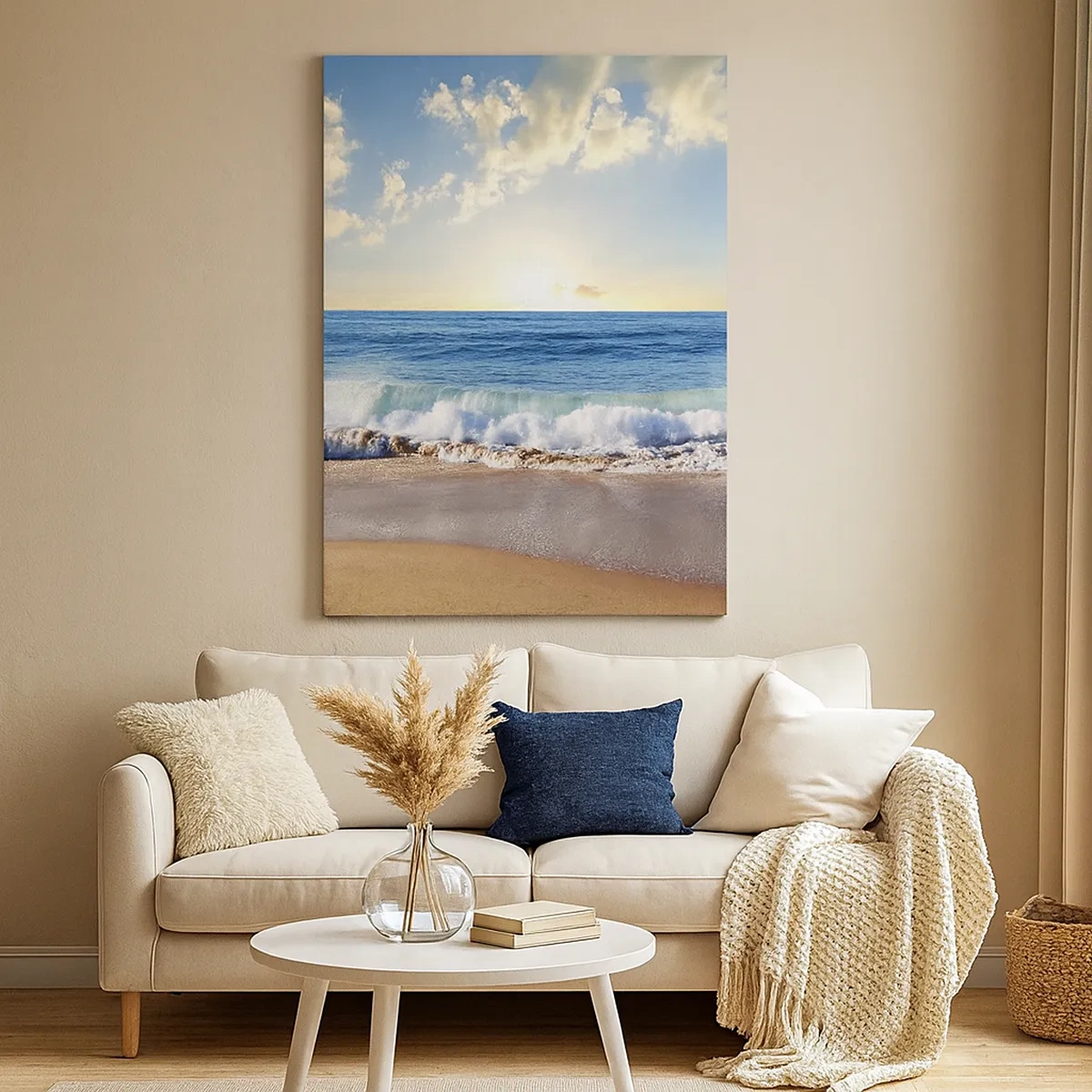 Cuadro sobre lienzo - Impresión de Imagen - Una playa soleada con olas rompiendo en la orilla. - 50x70cm - Movimiento y quietud al mismo tiempo - Decoración de pared moderna para salón y dormitorio ARTTOR