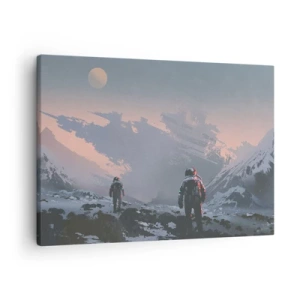 Cuadro sobre lienzo - Impresión de Imagen - Astronautas en un planeta alienígena con una nave espacial destrozada - 70x50cm - Bajo una estrella desconocida - Decoración de pared moderna para salón y dormitorio ARTTOR
