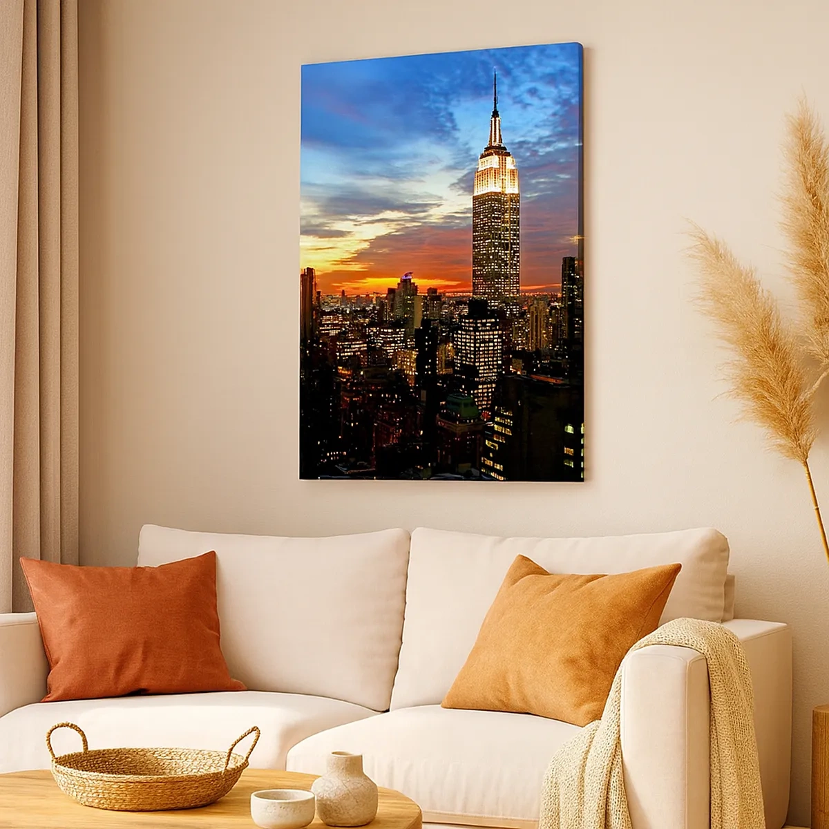 Cuadro sobre lienzo - Impresión de Imagen - Panorama de la ciudad con rascacielos iluminados al atardecer - 50x70cm - Una luminosa noche americana - Decoración de pared moderna para salón y dormitorio ARTTOR