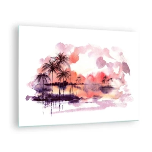 Cuadro sobre vidrio - Impresiones sobre Vidrio - Paisaje tropical al atardecer en acuarela - 70x50cm - La calma de los trópicos en rojo - Decoración de pared moderna para salón y dormitorio ARTTOR
