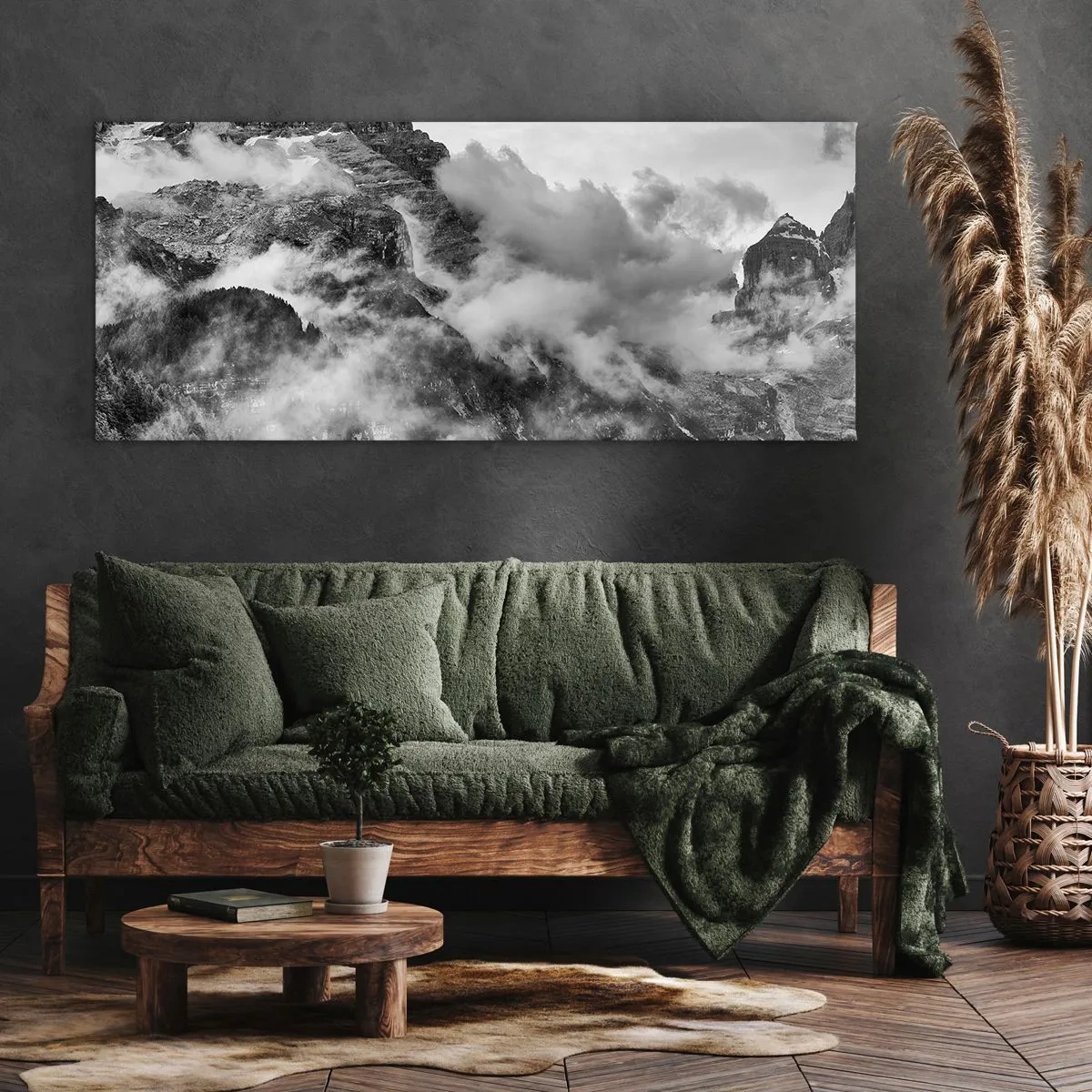 Cuadro sobre lienzo - Impresión de Imagen - Vista en blanco y negro de montañas rodeadas de nubes. - 120x50cm - Hermoso y cruel - Decoración de pared moderna para salón y dormitorio ARTTOR