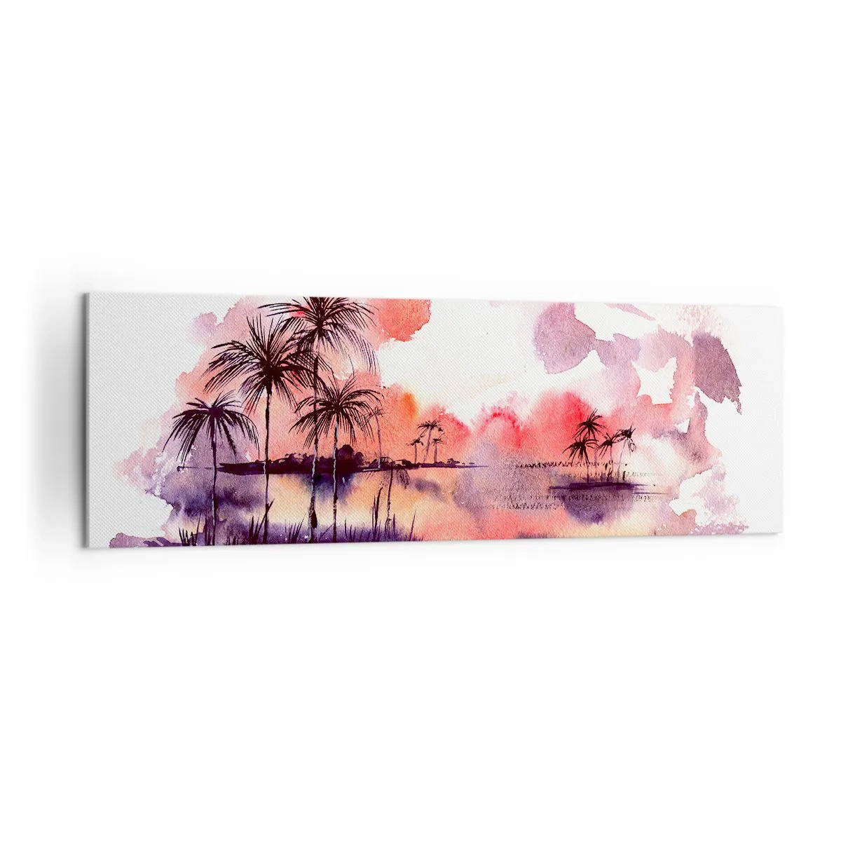 Cuadro sobre lienzo - Impresión de Imagen - Paisaje tropical con palmeras al atardecer en acuarela. - 160x50cm - La calma de los trópicos en rojo - Decoración de pared moderna para salón y dormitorio ARTTOR