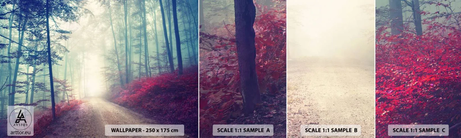 Muestra de fotomural autoadhesivo Deluxe Sticker - Qué bueno es levantarse al amanecer - Paisaje, Bosque, Camino forestal - 100x30 cm