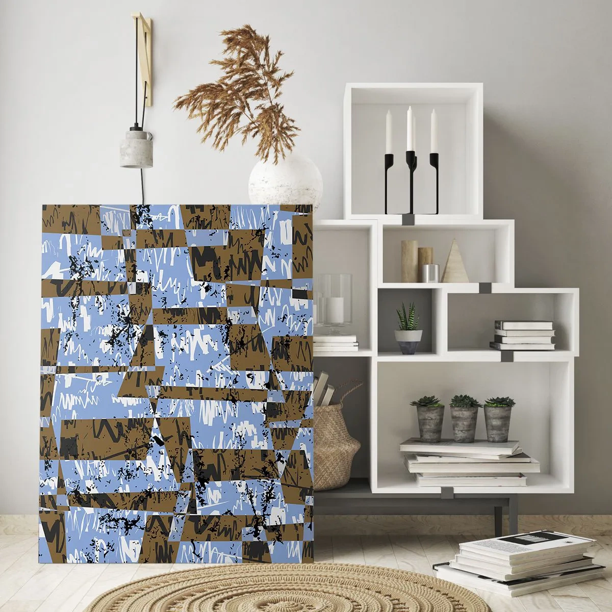 Cuadro sobre vidrio - Impresiones sobre Vidrio - Una composición abstracta de rectángulos en tonos marrones y azules. - 70x100cm - Un recorte del desierto - Decoración de pared moderna para salón y dormitorio ARTTOR