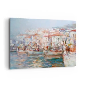 Cuadro sobre lienzo - Impresión de Imagen - Impresión portuaria con barcos y edificios - 120x80cm - Vacaciones en colores pastel - Decoración de pared moderna para salón y dormitorio ARTTOR