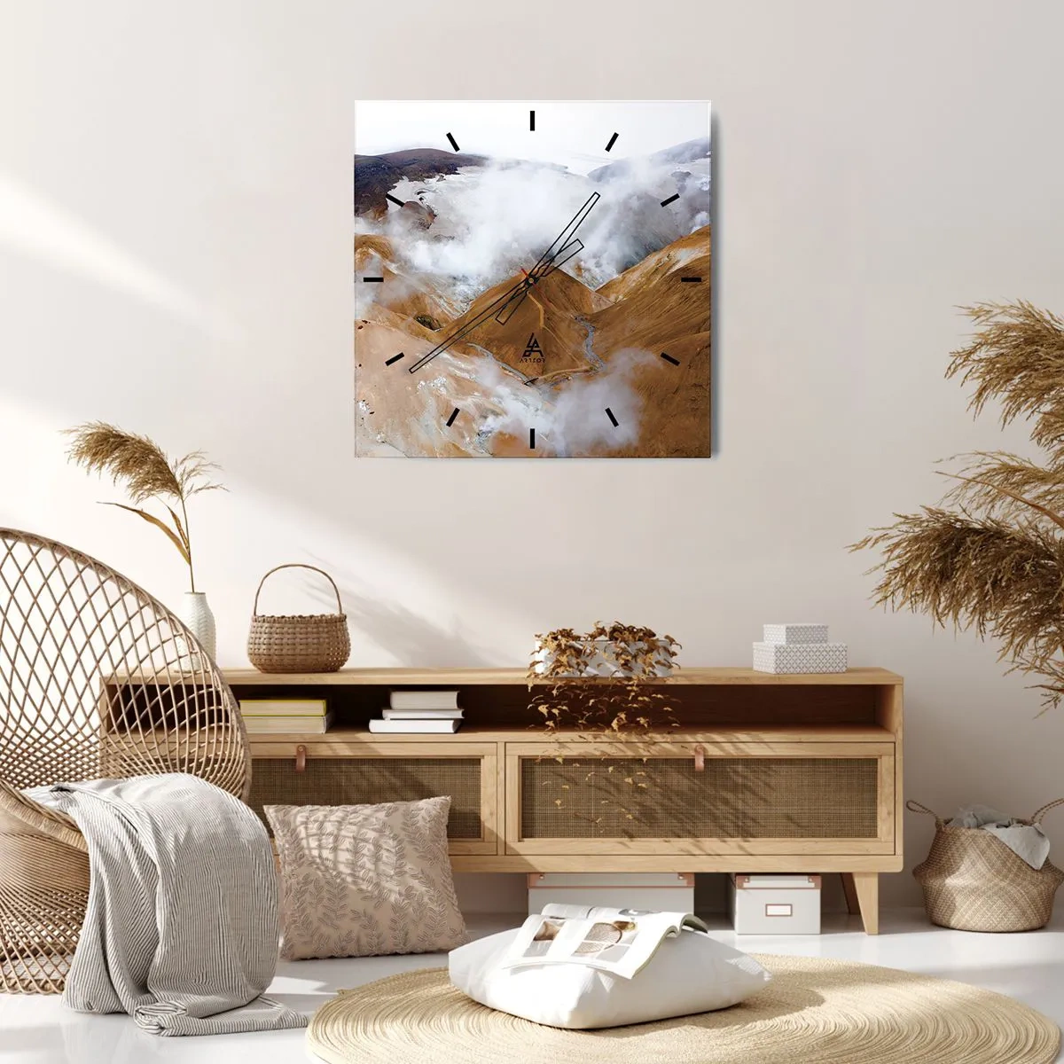 Reloj de pared - Reloj de vidrio - Un paisaje de montaña con vapor en un clima duro. - 30x30cm - La dura belleza de Islandia - Decoración de pared moderna para salón y dormitorio ARTTOR
