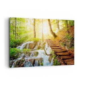 Cuadro sobre lienzo - Impresión de Imagen - Camino forestal con escaleras de madera junto a la cascada. - 120x80cm - El ansiado frescor - Decoración de pared moderna para salón y dormitorio ARTTOR
