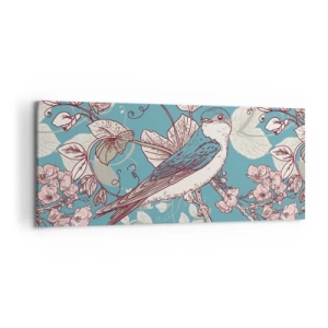 Cuadro sobre lienzo - Impresión de Imagen - Un pájaro en una rama en un delicado estilo floral. - 120x50cm - En el cerezo - Decoración de pared moderna para salón y dormitorio ARTTOR