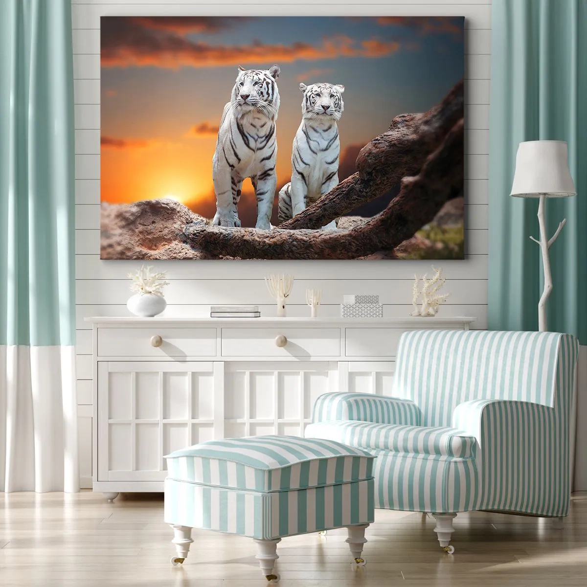 Cuadro sobre lienzo - Impresión de Imagen - Tigres blancos al atardecer con la naturaleza como telón de fondo - 70x50cm - Como en Narnia - Decoración de pared moderna para salón y dormitorio ARTTOR