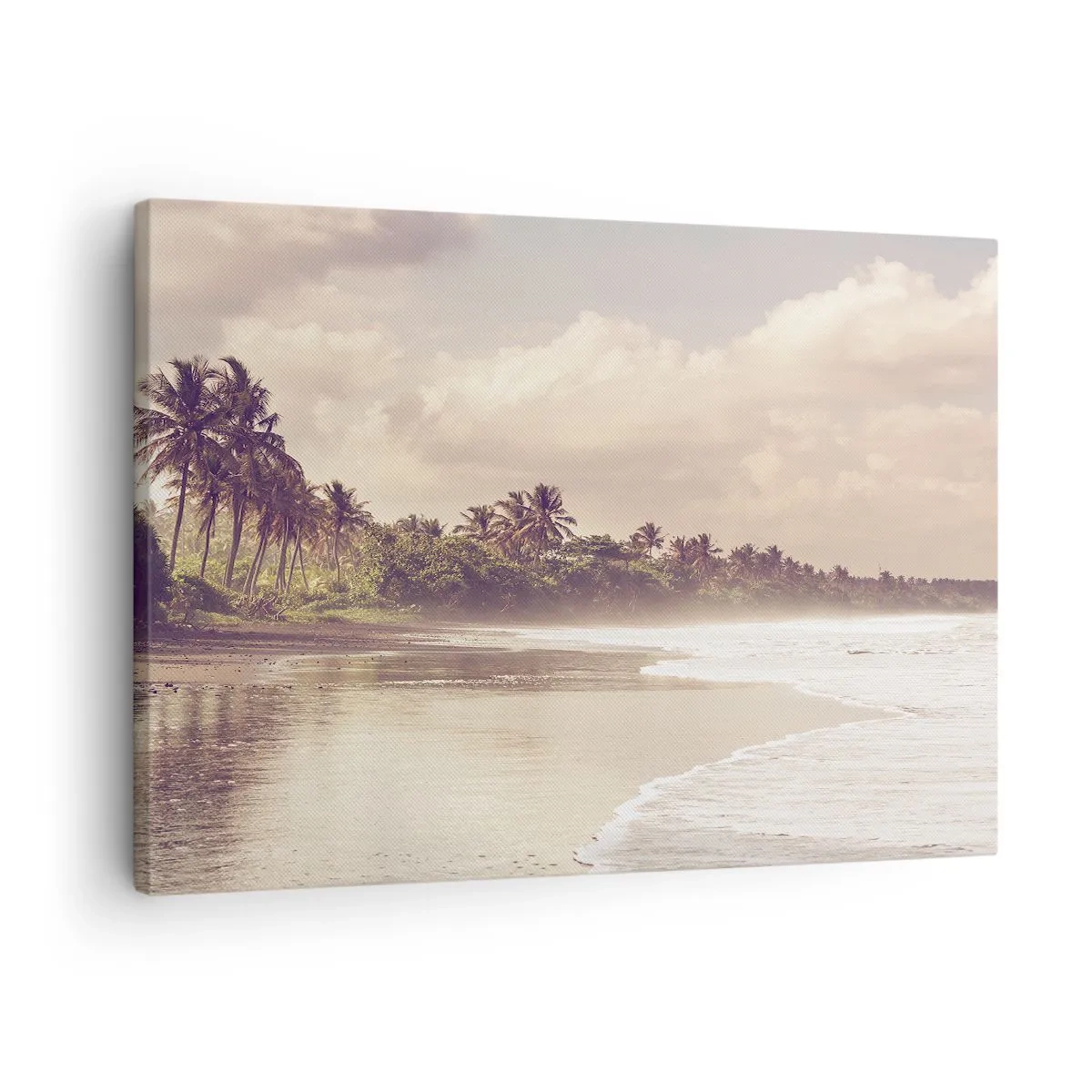 Cuadro sobre lienzo - Impresión de Imagen - Una playa con palmeras y olas suaves por la mañana. - 70x50cm - La caricia de las olas - Decoración de pared moderna para salón y dormitorio ARTTOR