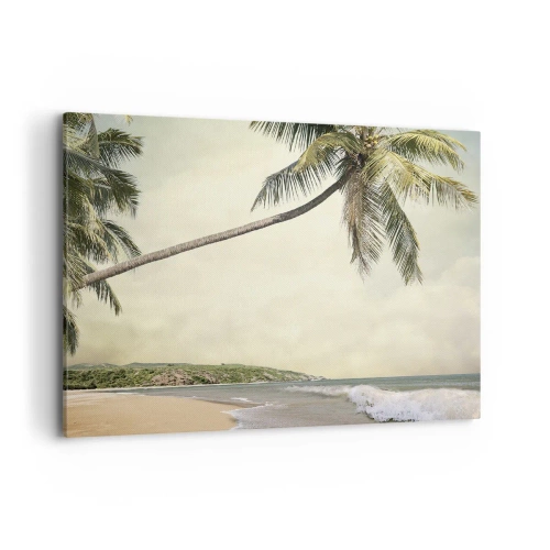 Cuadro sobre lienzo - Impresión de Imagen - Una playa con palmeras con el mar en calma como telón de fondo. - 100x70cm - Sueño tropical - Decoración de pared moderna para salón y dormitorio ARTTOR