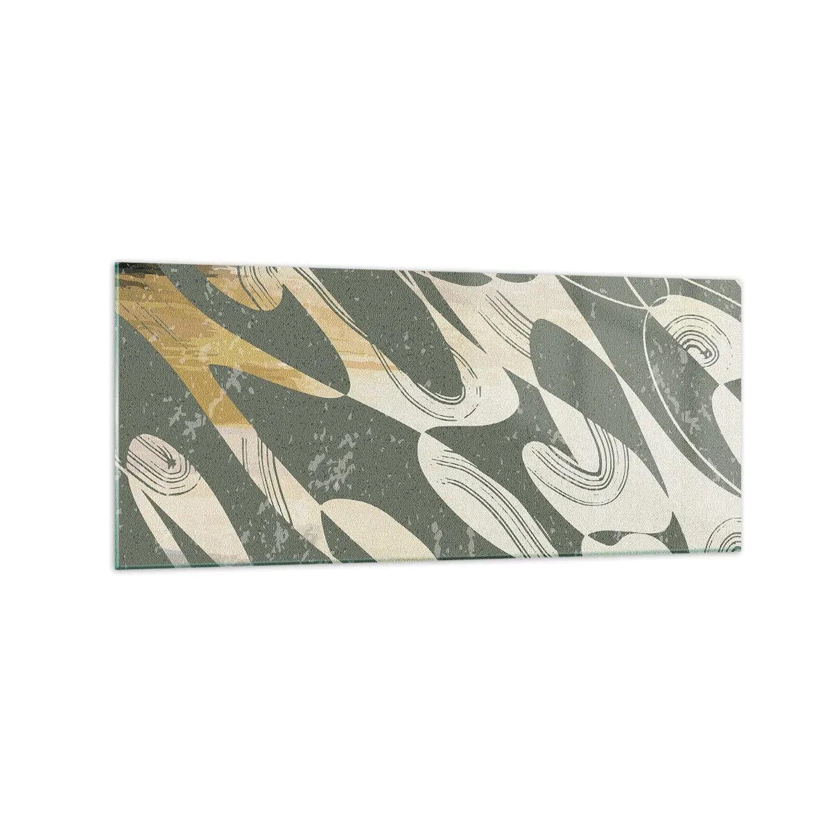 Cuadro sobre vidrio - Impresiones sobre Vidrio - Formas dinámicas en tonos verdes y dorados. - 120x50cm - Abstracción rítmica - Decoración de pared moderna para salón y dormitorio ARTTOR