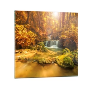Cuadro sobre vidrio - Impresiones sobre Vidrio - Cascada forestal en oro - 50x50 cm