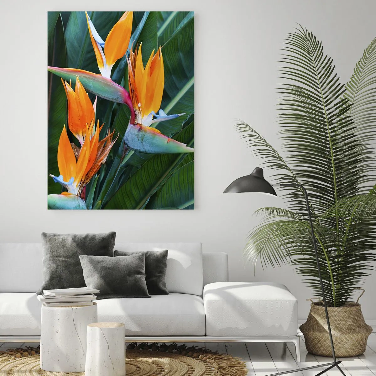 Cuadro sobre vidrio - Impresiones sobre Vidrio - Flores exóticas de strelitzia entre grandes hojas verdes. - 50x70cm - ¿Es una flor o es un pájaro? - Decoración de pared moderna para salón y dormitorio ARTTOR