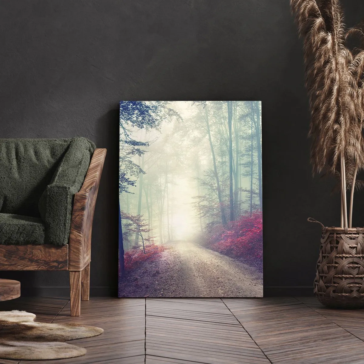 Cuadro sobre lienzo - Impresión de Imagen - Un sendero forestal mágico rodeado de árboles y niebla. - 50x70cm - Qué bueno es levantarse al amanecer - Decoración de pared moderna para salón y dormitorio ARTTOR