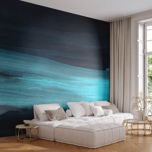 Fotomural Standard Eco - Un arroyo turquesa borroso sobre un fondo oscuro y abstracto. - 100x70cm - Nadar con la corriente - Decoración de pared moderna para salón y dormitorio ARTTOR