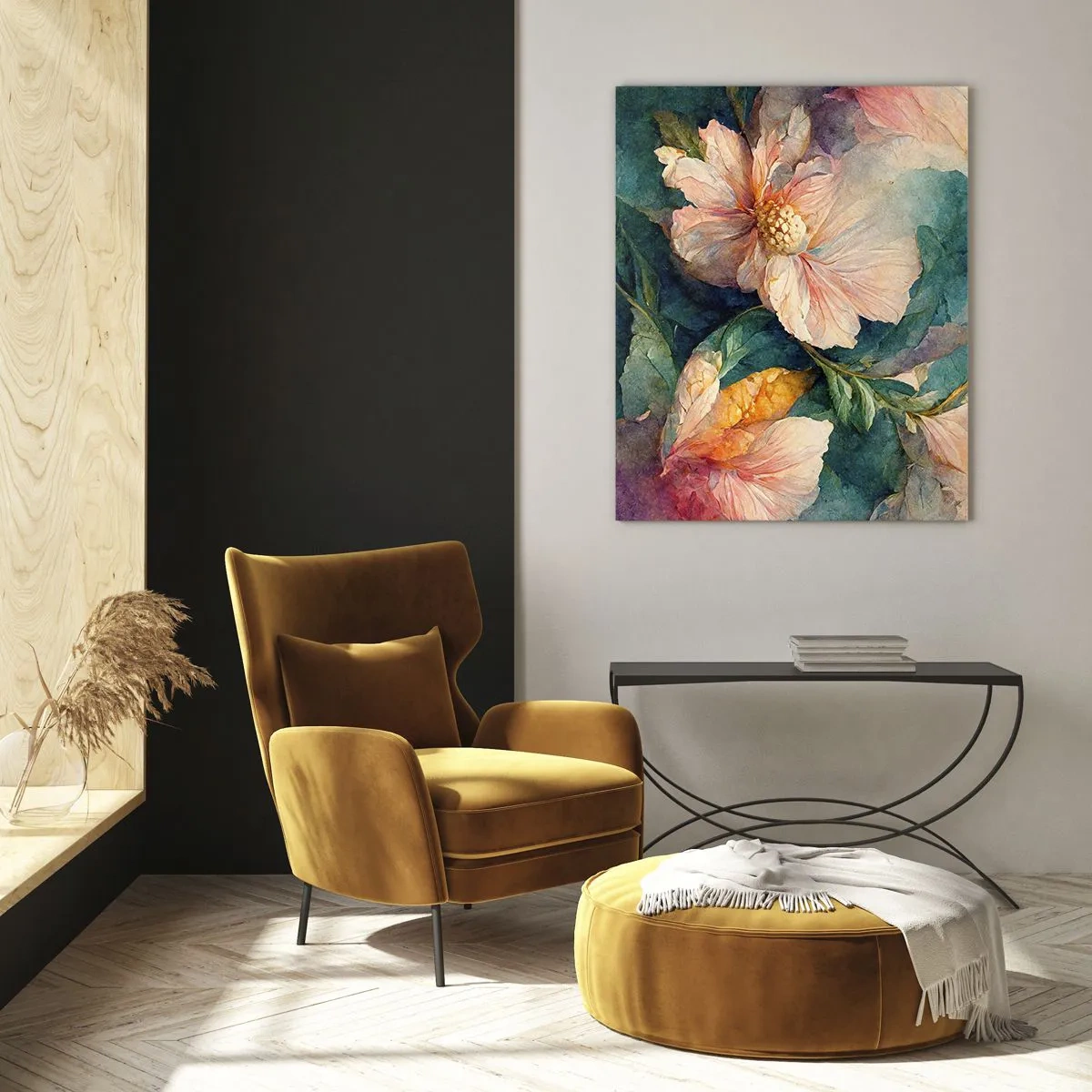 Cuadro sobre vidrio - Impresiones sobre Vidrio - Delicadas flores en tonos pastel de acuarela. - 50x70cm - La sutileza misma - Decoración de pared moderna para salón y dormitorio ARTTOR
