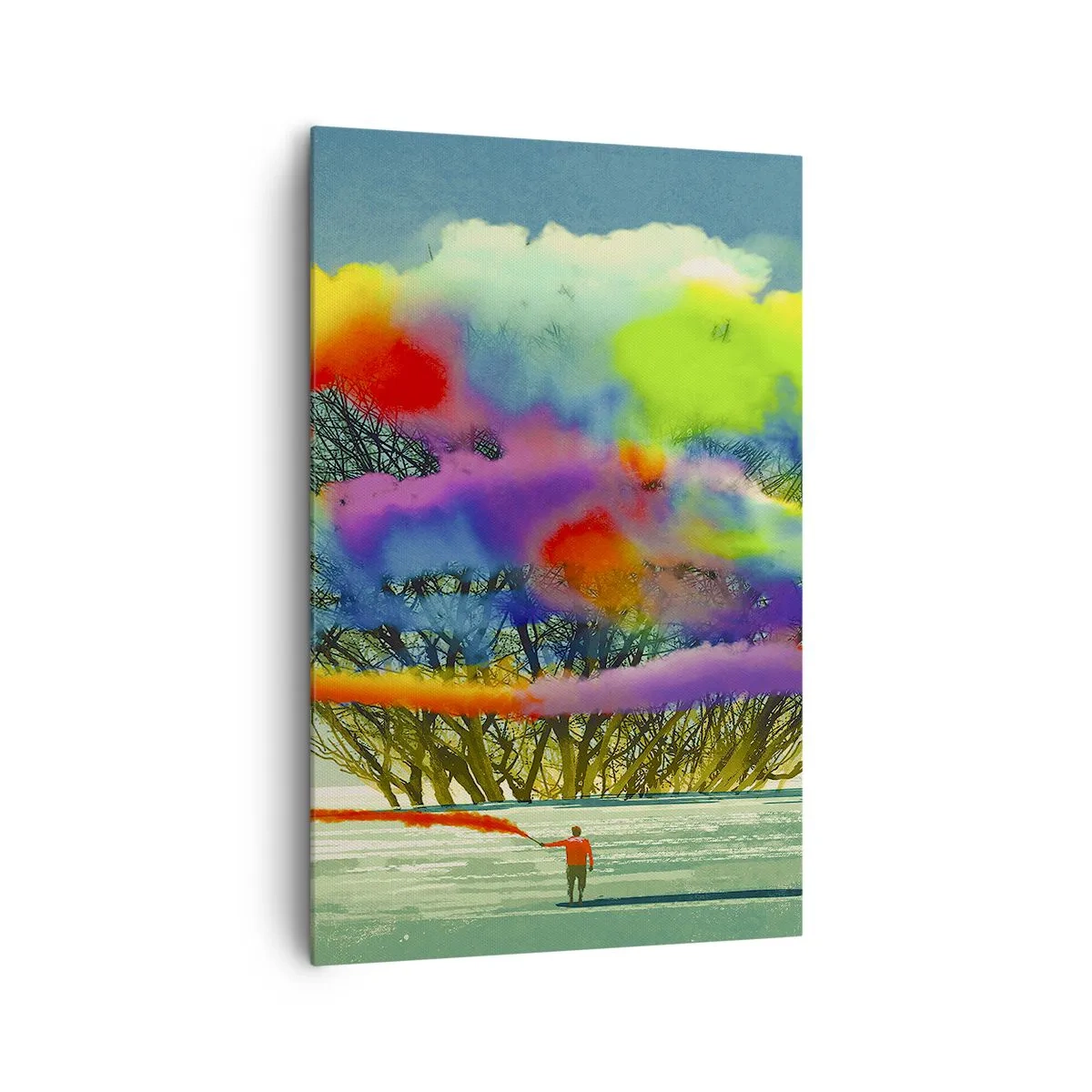 Cuadro sobre lienzo - Impresión de Imagen - Una figura con humo de colores en el fondo de un árbol en el desierto. - 80x120cm - Dale vida a este mundo - Decoración de pared moderna para salón y dormitorio ARTTOR