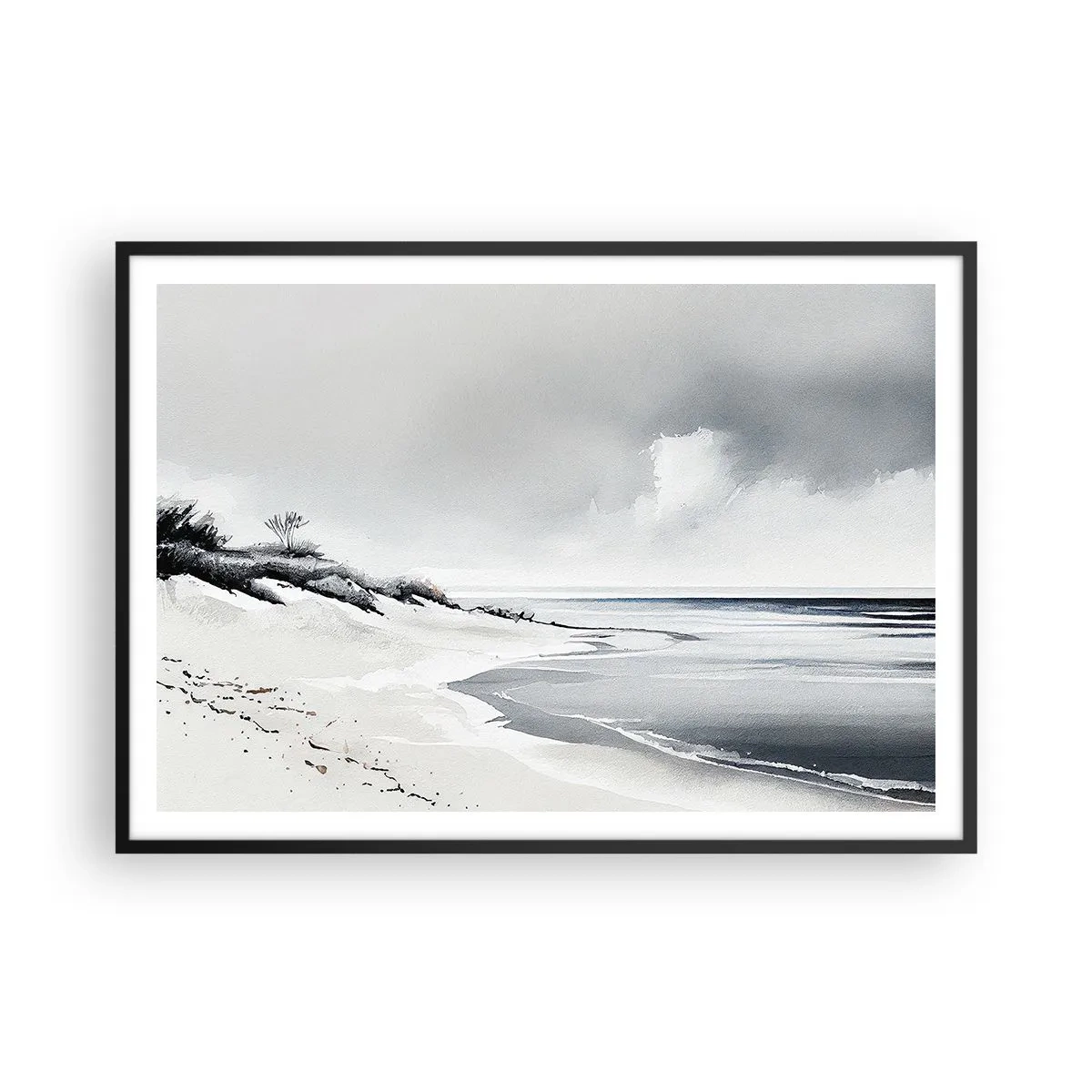 Póster en marco negro - Una playa en tonos tenues de gris y azul. - 100x70cm - Juntos desde el principio de los tiempos - Decoración de pared moderna para salón y dormitorio ARTTOR