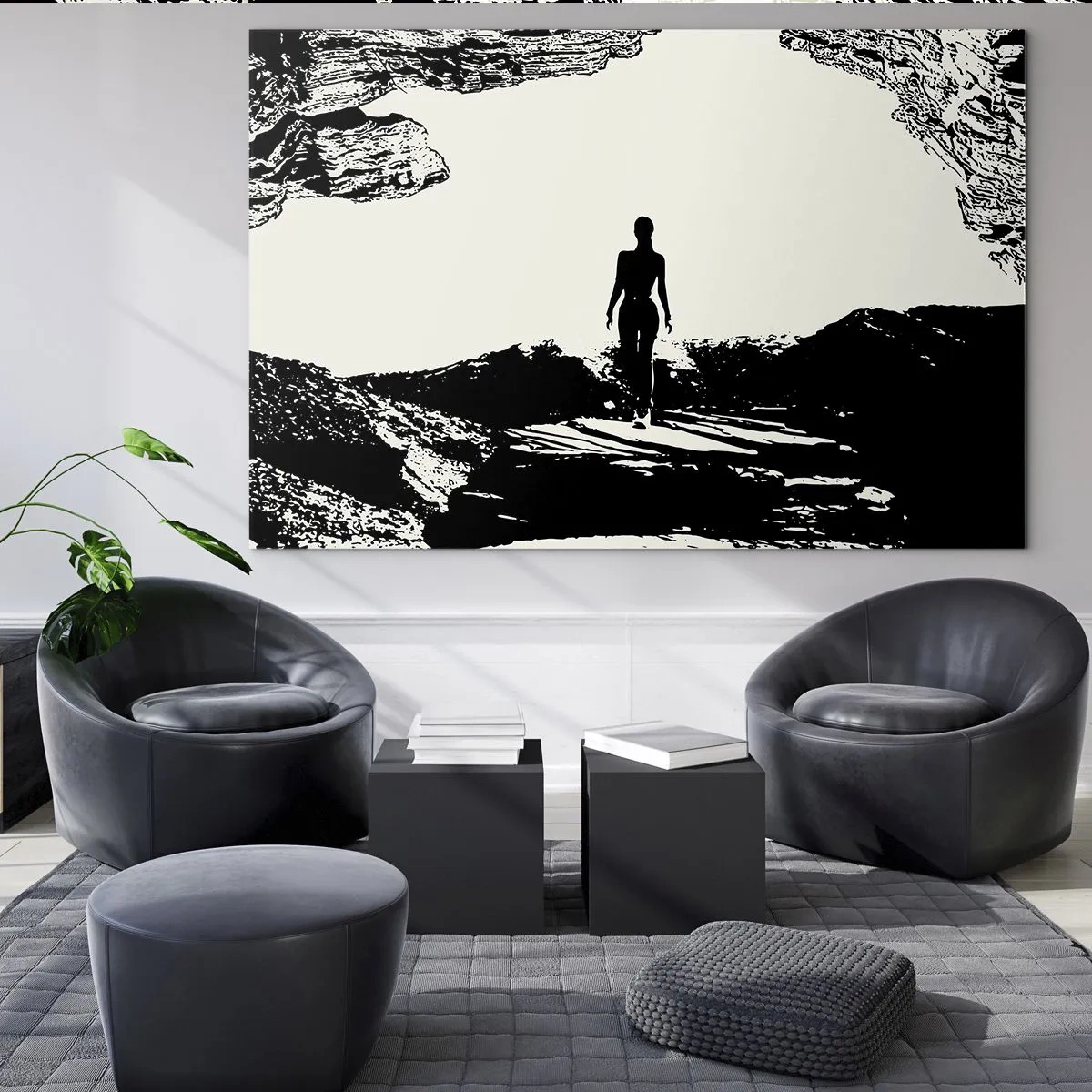 Cuadro sobre vidrio - Impresiones sobre Vidrio - Silueta de una mujer emergiendo de una cueva en gráficos en blanco y negro - 70x50cm - Una nueva mirada - Decoración de pared moderna para salón y dormitorio ARTTOR