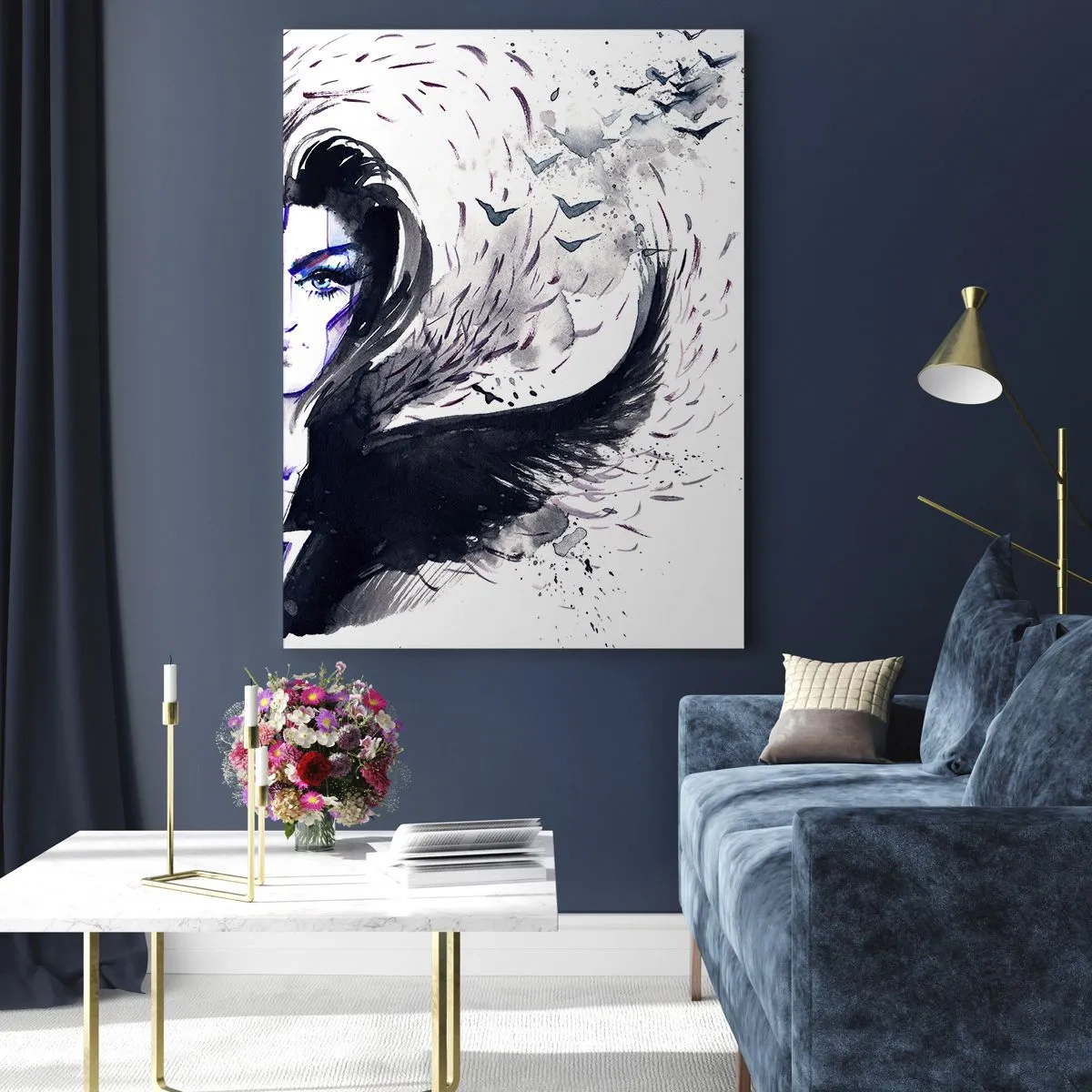 Cuadro sobre vidrio - Impresiones sobre Vidrio - Retrato abstracto con elementos dinámicos y negro. - 50x70cm - Demoníaca y hermosa - Decoración de pared moderna para salón y dormitorio ARTTOR