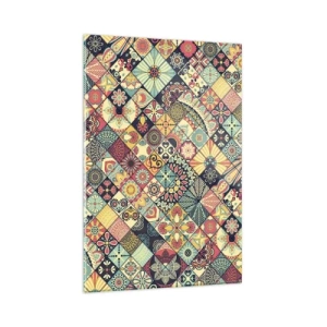 Cuadro sobre vidrio - Impresiones sobre Vidrio - Patrones geométricos coloridos inspirados en el estilo marroquí. - 80x120cm - Clima marroquí - Decoración de pared moderna para salón y dormitorio ARTTOR