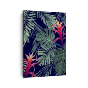 Cuadro sobre lienzo - Impresión de Imagen - Hojas y flores tropicales sobre un fondo oscuro. - 50x70cm - Encender el color verde - Decoración de pared moderna para salón y dormitorio ARTTOR