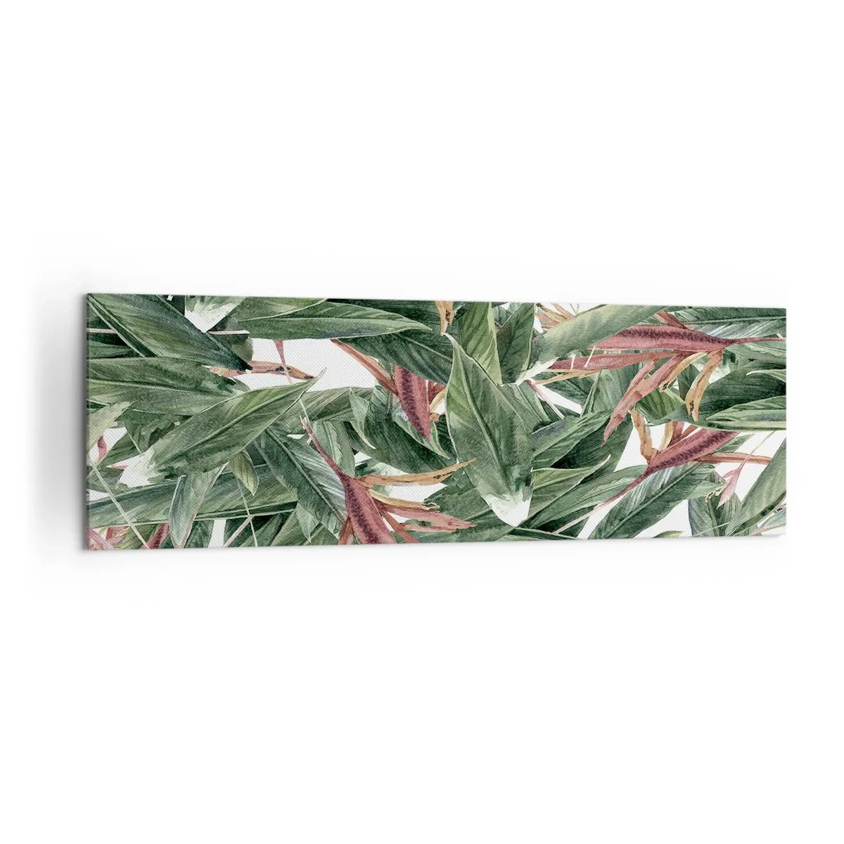Cuadro sobre lienzo - Impresión de Imagen - Un motivo decorativo de hojas en tonos verdes y burdeos sobre un fondo claro. - 160x50cm - Naturaleza esmeralda y lila - Decoración de pared moderna para salón y dormitorio ARTTOR