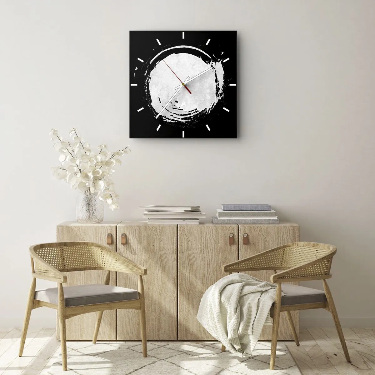 Reloj de pared - Reloj de vidrio - Un círculo blanco sobre un fondo negro en estilo minimalista. - 30x30cm - La buena salida - Decoración de pared moderna para salón y dormitorio ARTTOR