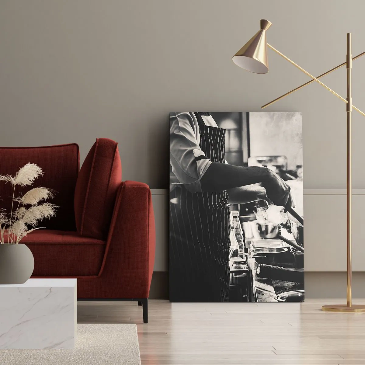 Cuadro sobre lienzo - Impresión de Imagen - Un chef trabajando en la cocina con vapor saliendo de una sartén. - 50x70cm - Alquimia de sabores - Decoración de pared moderna para salón y dormitorio ARTTOR