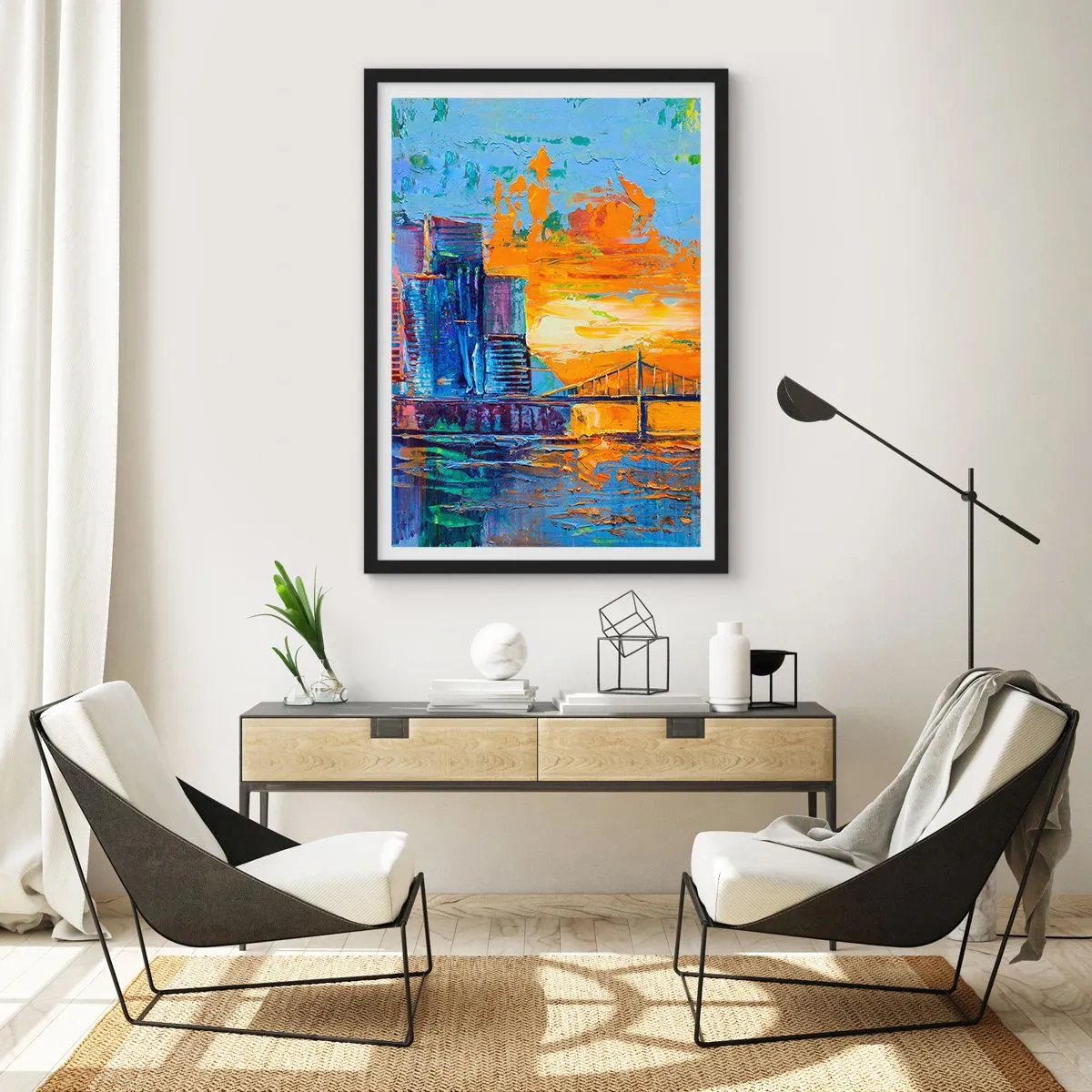 Póster en marco negro - Un puente colorido y la ciudad bajo el resplandor del sol poniente. - 50x70cm - Cultura y naturaleza - Decoración de pared moderna para salón y dormitorio ARTTOR