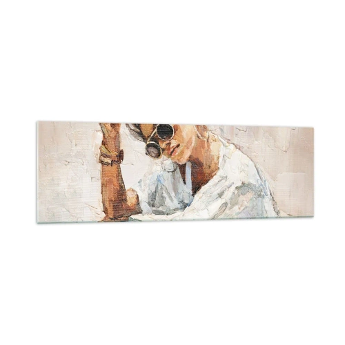 Cuadro sobre vidrio - Impresiones sobre Vidrio - Retrato de una mujer con gafas de sol contra una pared clara. - 160x50cm - Retrato a pleno sol - Decoración de pared moderna para salón y dormitorio ARTTOR