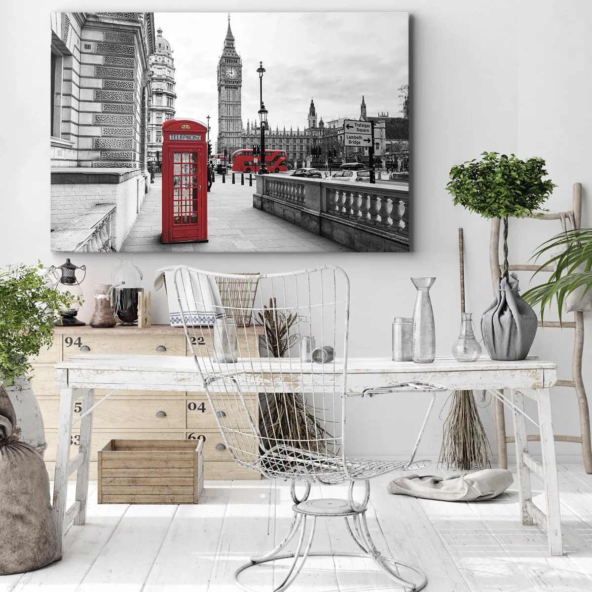 Cuadro sobre lienzo - Impresión de Imagen - Una cabina telefónica roja con el Big Ben al fondo en Londres - 70x50cm - Sin duda, Londres - Decoración de pared moderna para salón y dormitorio ARTTOR