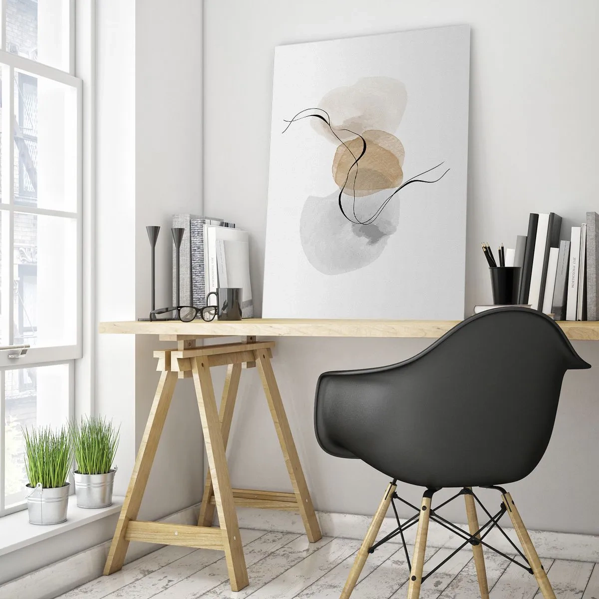Cuadro sobre vidrio - Impresiones sobre Vidrio - Una abstracción sutil con manchas pastel y líneas negras. - 50x70cm - Pompas de aire - Decoración de pared moderna para salón y dormitorio ARTTOR