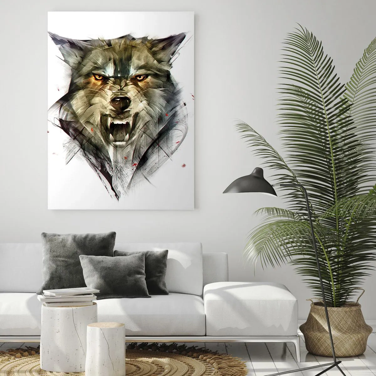Cuadro sobre vidrio - Impresiones sobre Vidrio - Un gráfico de un lobo amenazante con la boca abierta y una mirada intensa. - 50x70cm - ¡No te muevas! - Decoración de pared moderna para salón y dormitorio ARTTOR