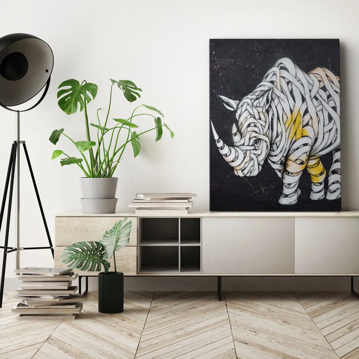 Cuadro sobre lienzo - Impresión de Imagen - Un rinoceronte tallado con rayas abstractas sobre un fondo oscuro. - 80x120cm - El mito de la momia rinoceronte - Decoración de pared moderna para salón y dormitorio ARTTOR