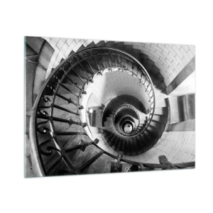 Cuadro sobre vidrio - Impresiones sobre Vidrio - Fotografía en blanco y negro de una escalera de caracol en perspectiva. - 100x70cm - Cada vez más alto - Decoración de pared moderna para salón y dormitorio ARTTOR
