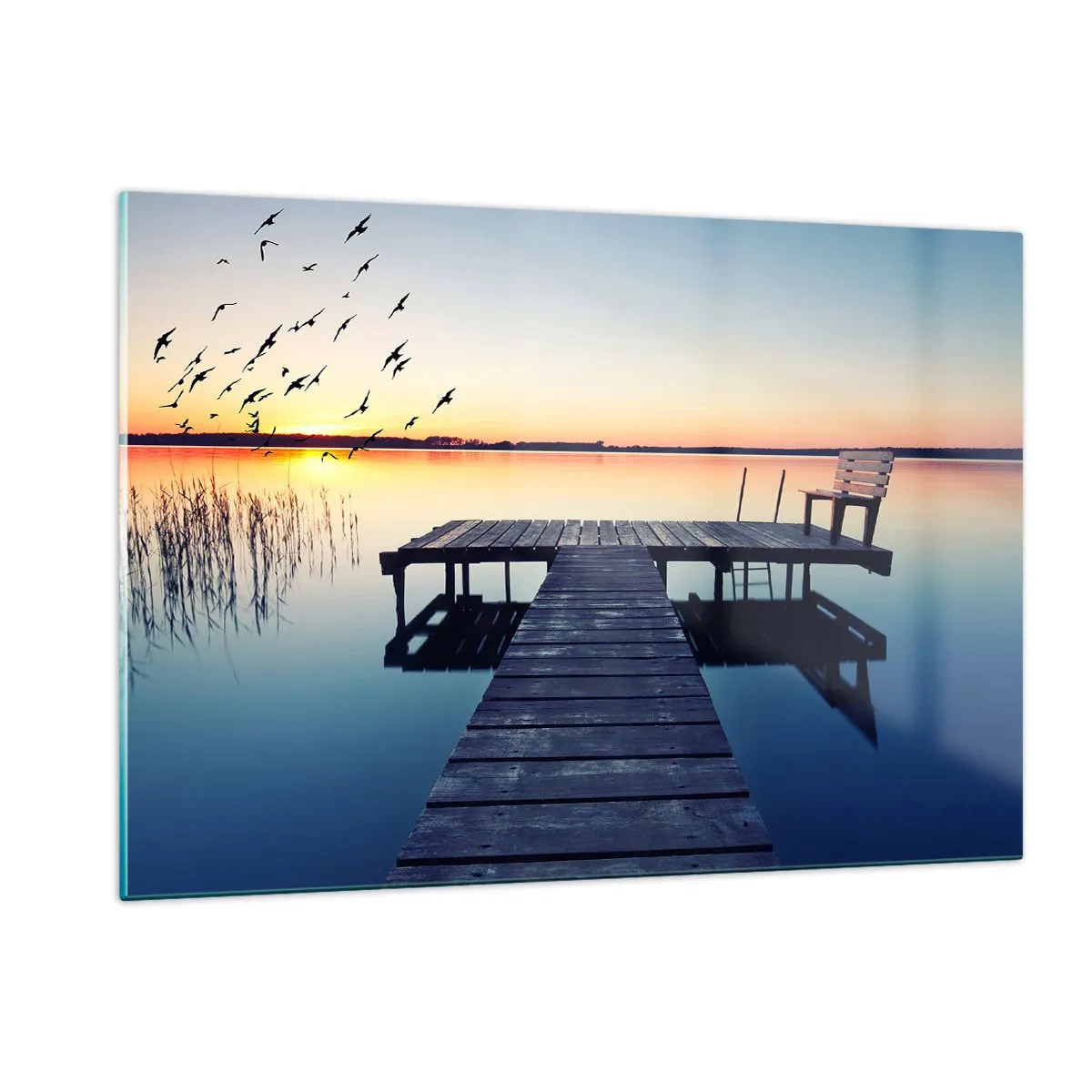 Cuadro sobre vidrio - Impresiones sobre Vidrio - Un muelle en el lago con vista al atardecer y pájaros en vuelo. - 120x80cm - Fue un buen día - Decoración de pared moderna para salón y dormitorio ARTTOR