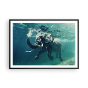 Póster en marco negro - Un elefante nadando bajo el agua en las profundidades turquesas. - 100x70cm - A todos nos gusta nadar - Decoración de pared moderna para salón y dormitorio ARTTOR
