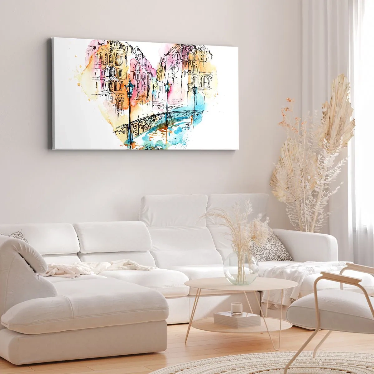 Cuadro sobre lienzo - Impresión de Imagen - Acuarela de un puente y casas de vecindad en forma de corazón - 140x50cm - El corazón de la ciudad - Decoración de pared moderna para salón y dormitorio ARTTOR