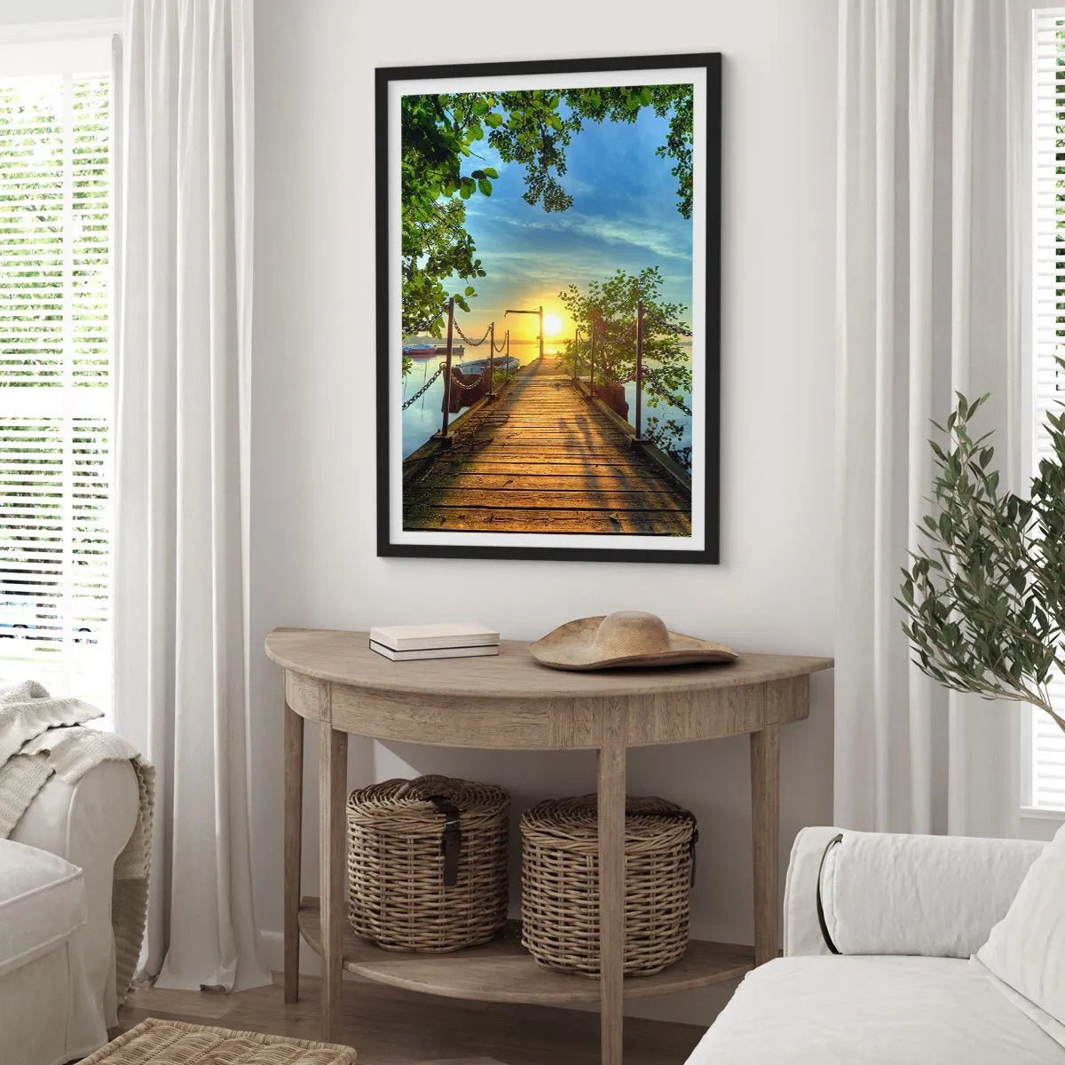 Póster en marco negro - Muelle de madera sobre el lago al atardecer - 50x70cm - Atardecer junto al agua - Decoración de pared moderna para salón y dormitorio ARTTOR