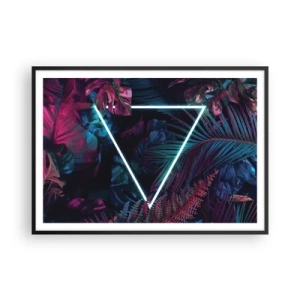 Póster en marco negro - Un triángulo de neón rodeado de hojas tropicales en colores oscuros. - 100x70cm - Jardín fluorescente - Decoración de pared moderna para salón y dormitorio ARTTOR