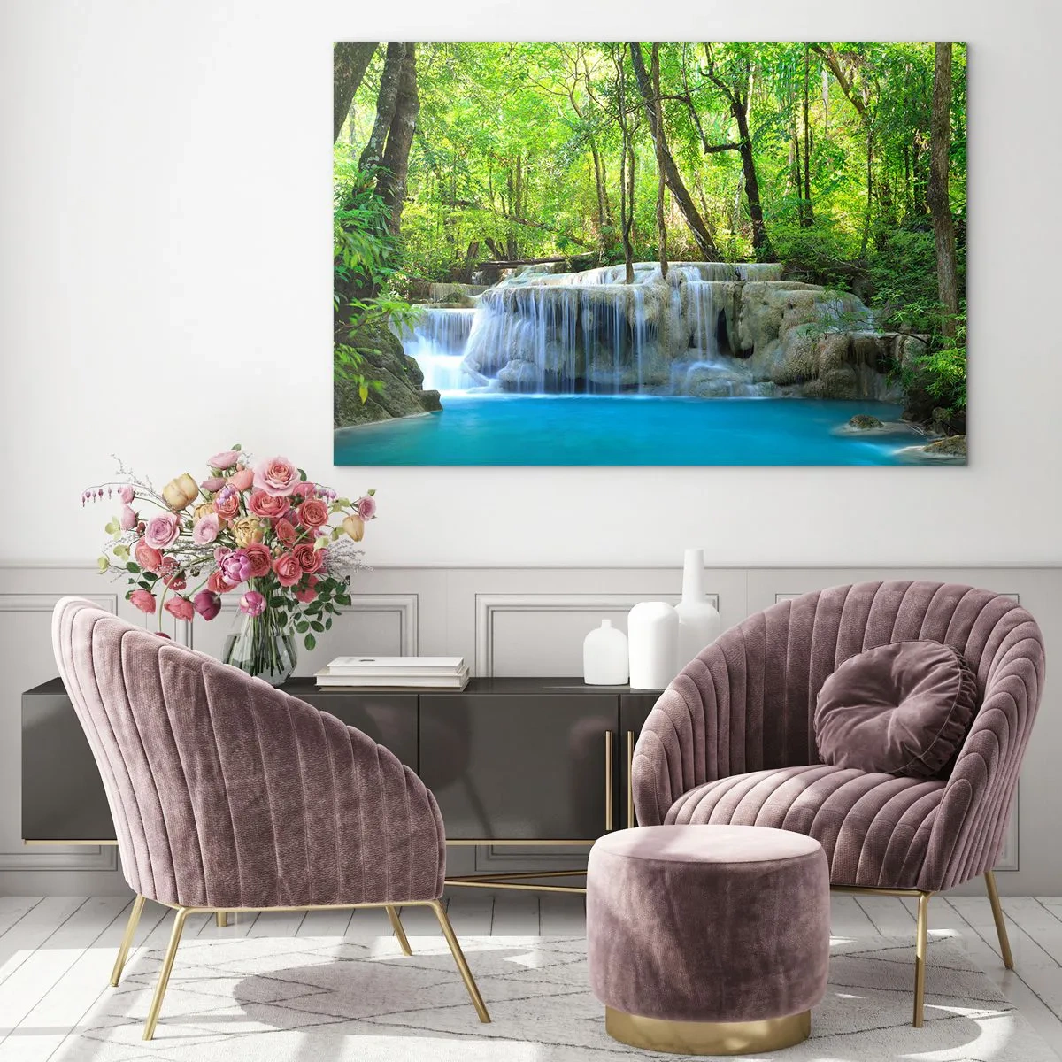 Cuadro sobre vidrio - Impresiones sobre Vidrio - Una cascada rodeada de árboles verdes y agua azul. - 70x50cm - Ahogarse en turquesa y verde - Decoración de pared moderna para salón y dormitorio ARTTOR