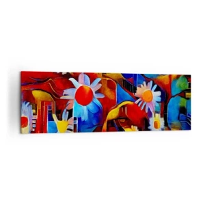 Cuadro sobre lienzo - Impresión de Imagen - Flores abstractas sobre un fondo de patrones geométricos. - 160x50cm - Colores de la vida - Decoración de pared moderna para salón y dormitorio ARTTOR