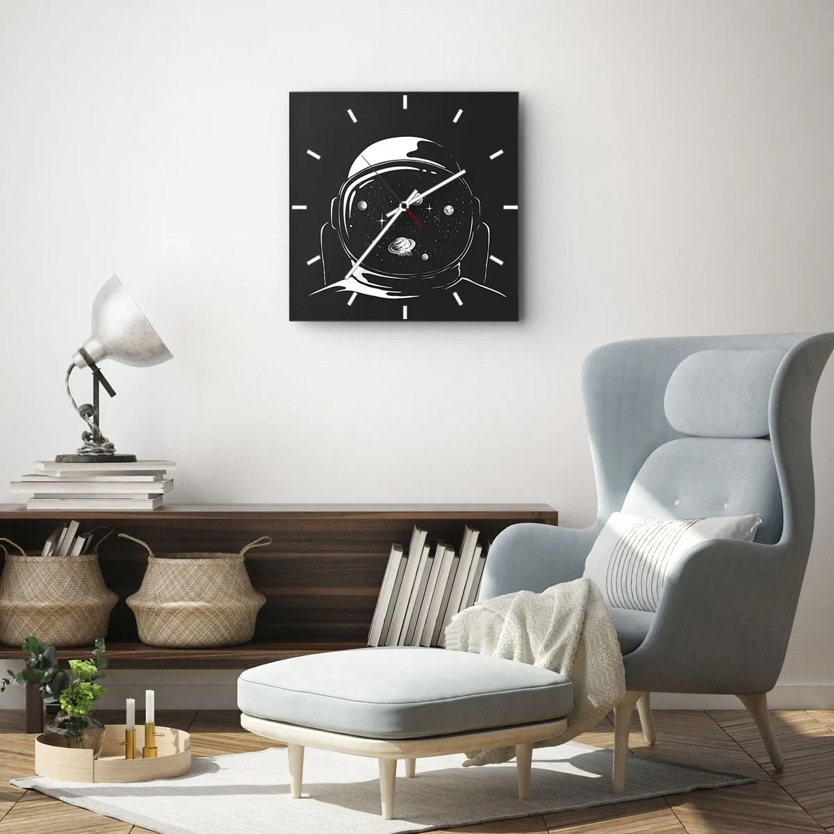 Reloj de pared - Reloj de vidrio - Un casco de astronauta minimalista con vistas al espacio. - 30x30cm - Bonita vista - Decoración de pared moderna para salón y dormitorio ARTTOR