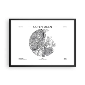 Póster en marco negro - Un mapa de Copenhague en un estilo minimalista en blanco y negro. - 70x50cm - Anatomía de Copenhague - Decoración de pared moderna para salón y dormitorio ARTTOR